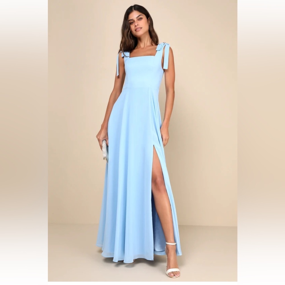 Lulus Love Me Forever Light Blue Tie-Strap Square Neck Maxi Dress size M